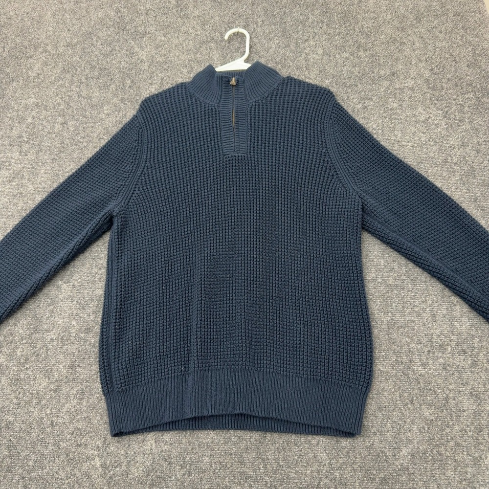 LL Bean Sweater Mens M Blue Organic Cotton Waffle Knit Quarter Zip Mock Neck
